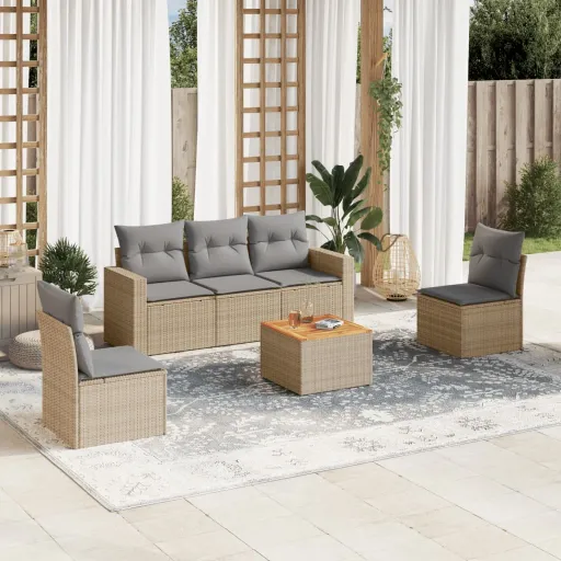 Conj. Sofás Jardim c/ Almofadões Vime PE Bege Misturado (6 pcs)