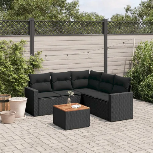 Conjunto Sofás de Jardim c/ Almofadões Vime PE Preto (6 pcs)