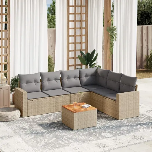 Conj. Sofás Jardim c/ Almofadões Vime PE Bege Misturado (7 pcs)