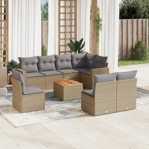 Conj. Sofás Jardim c/ Almofadões Vime PE Bege Misturado (9 pcs)