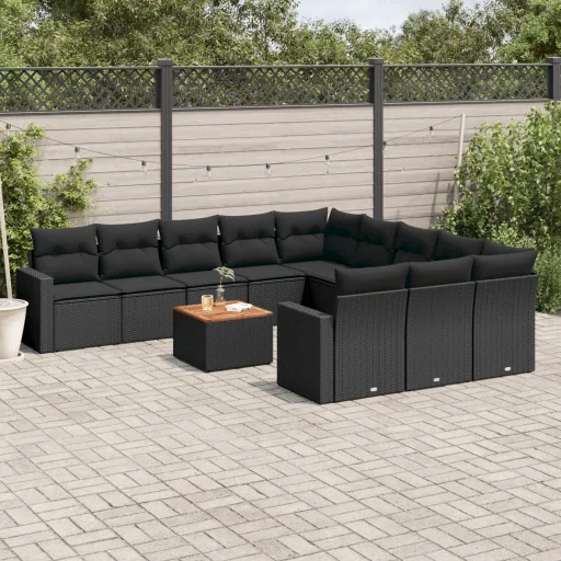 Conjunto de Sofás de Jardim c/ Almofadões Vime PE Preto (12 pcs)