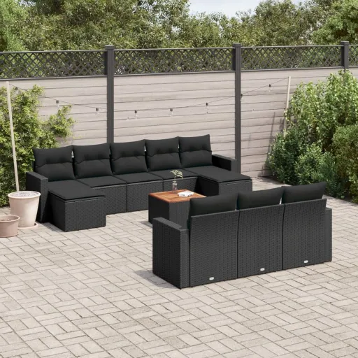 Conjunto Sofás de Jardim c/ Almofadões Vime PE Preto (11 pcs)