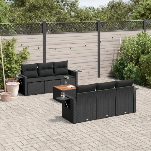 Conjunto de Sofás p/ Jardim c/ Almofadões Vime PE Preto (7 pcs)