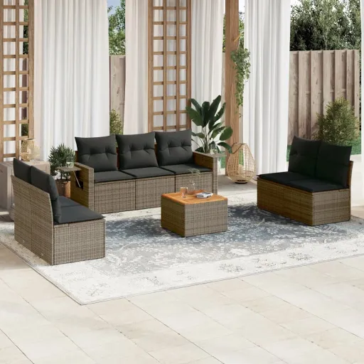 Conjunto Sofás de Jardim c/ Almofadões Vime PE Cinzento (8 pcs)