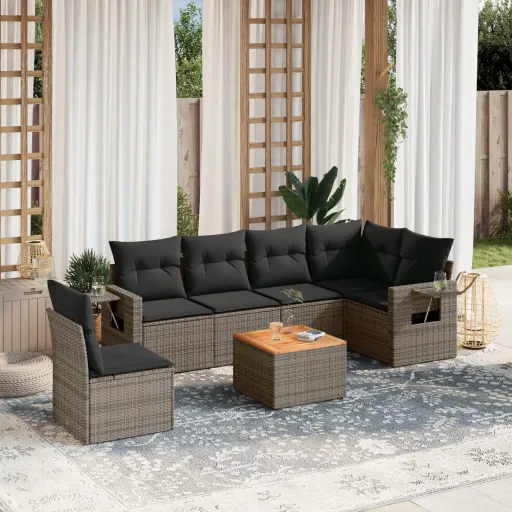Conjunto Sofás p/ Jardim c/ Almofadões Vime PE Cinzento (7 pcs)