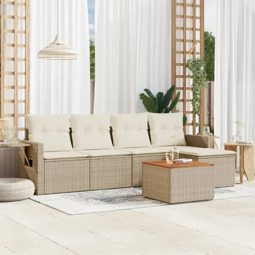 Conjunto de Sofás p/ Jardim com Almofadões Vime PE Bege (6 pcs)