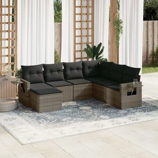 Conjunto Sofás p/ Jardim c/ Almofadões Vime PE Cinzento (7 pcs)