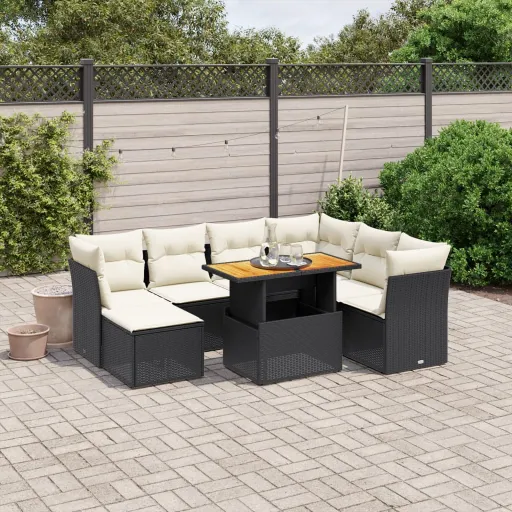 Conjunto Sofás de Jardim com Almofadões Vime PE Preto (8 pcs)