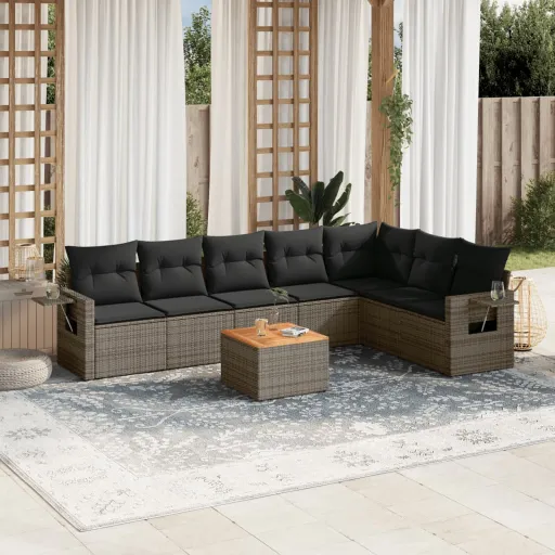 Conjunto Sofás de Jardim c/ Almofadões Vime PE Cinzento (8 pcs)