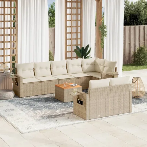 Conjunto de Sofás p/ Jardim com Almofadões Vime PE Bege (9 pcs)