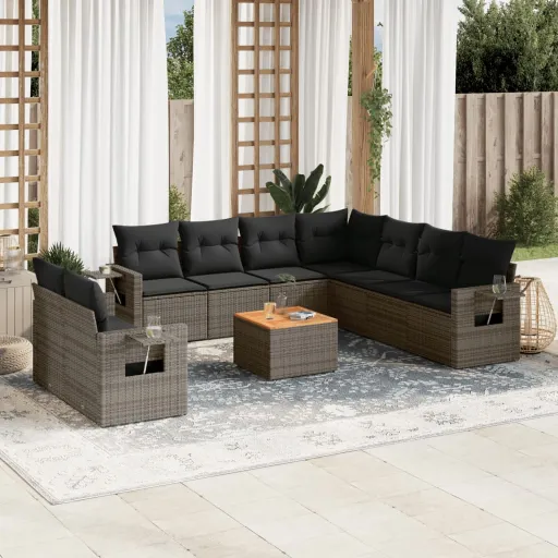 Conjunto Sofás de Jardim c/ Almofadões Vime PE Cinzento (10 pcs)