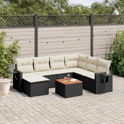 Conjunto Sofás de Jardim com Almofadões Vime PE Preto (8 pcs)