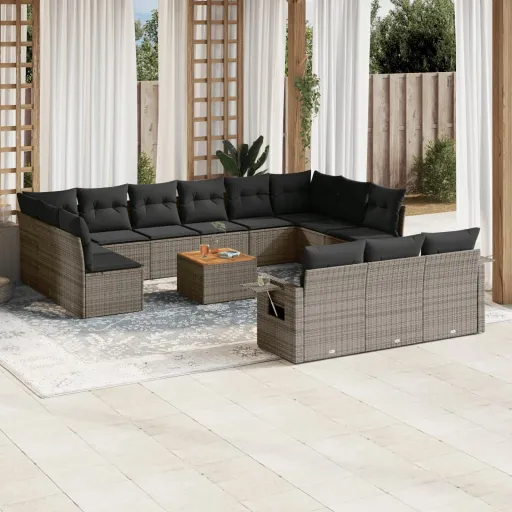 Conjunto Sofás p/ Jardim c/ Almofadões Vime PE Cinzento (14 pcs)