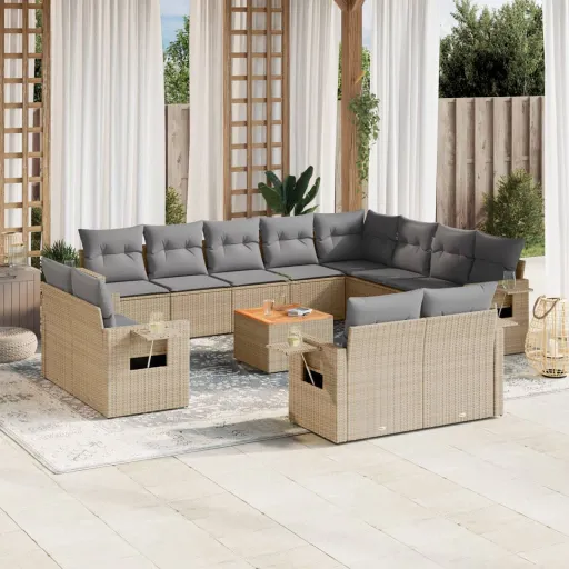 Conj. Sofás Jardim c/ Almofadões Vime PE Bege Misturado (13 pcs)