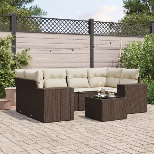 Conjunto de Sofás Jardim c/ Almofadões Vime PE Castanho (7 pcs)