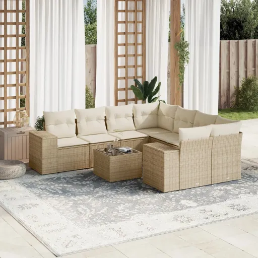 Conjunto de Sofás p/ Jardim com Almofadões Vime PE Bege (9 pcs)
