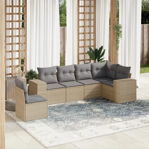 Conjunto de Sofás p/ Jardim com Almofadões Vime PE Bege (6 pcs)