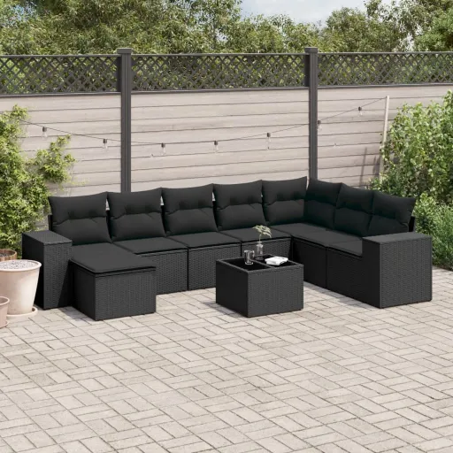 Conjunto de Sofás p/ Jardim c/ Almofadões Vime PE Preto (9 pcs)