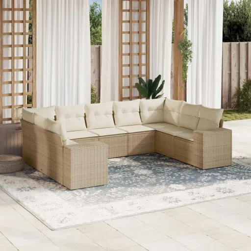 Conjunto de Sofás p/ Jardim com Almofadões Vime PE Bege (9 pcs)