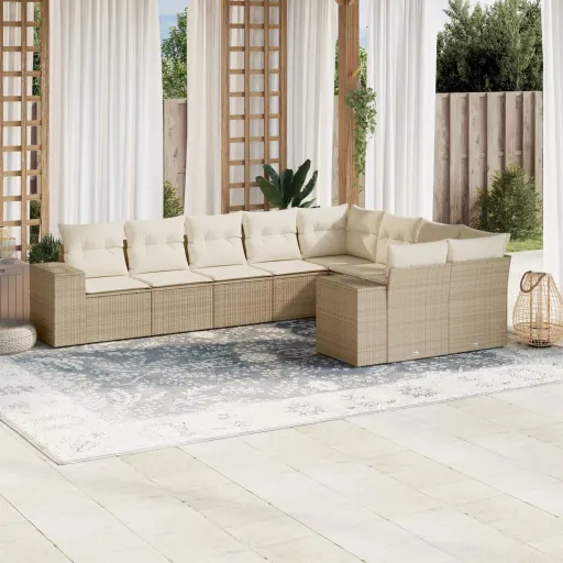 Conjunto de Sofás p/ Jardim com Almofadões Vime PE Bege (9 pcs)