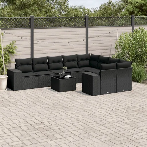 Conjunto Sofás de Jardim c/ Almofadões Vime PE Preto (10 pcs)
