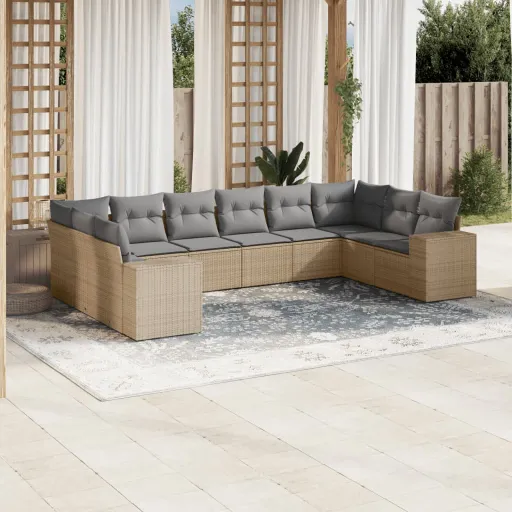 Conjunto de Sofás p/ Jardim com Almofadões Vime PE Bege (10 pcs)