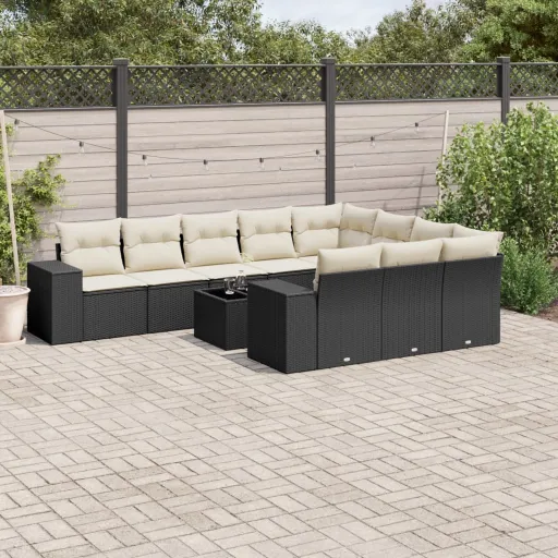 Conjunto Sofás de Jardim c/ Almofadões Vime PE Preto (11 pcs)