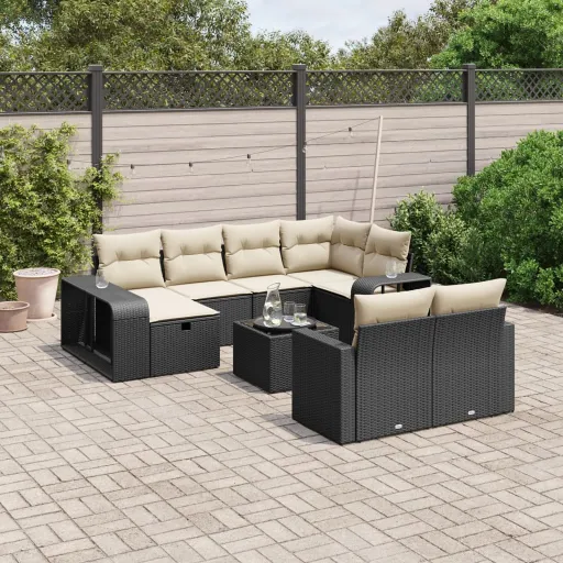 Conjunto Sofás de Jardim c/ Almofadões Vime PE Preto (11 pcs)