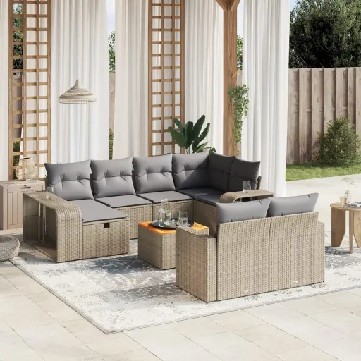 Conjunto Sofás de Jardim c/ Almofadões Vime PE Bege (11 pcs)