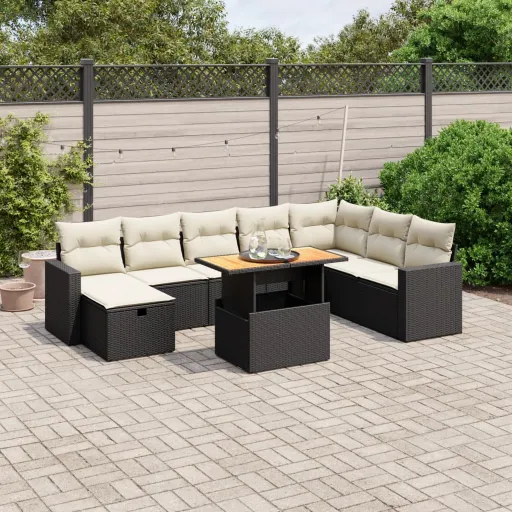 Conjunto de Sofás p/ Jardim c/ Almofadões Vime PE Preto (9 pcs)