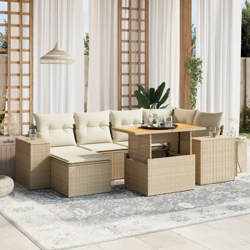 Conjunto de Sofás p/ Jardim com Almofadões Vime PE Bege (7 pcs)