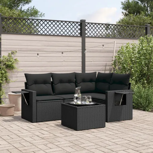 Conjunto Sofás de Jardim com Almofadões Vime PE Preto (5 pcs)