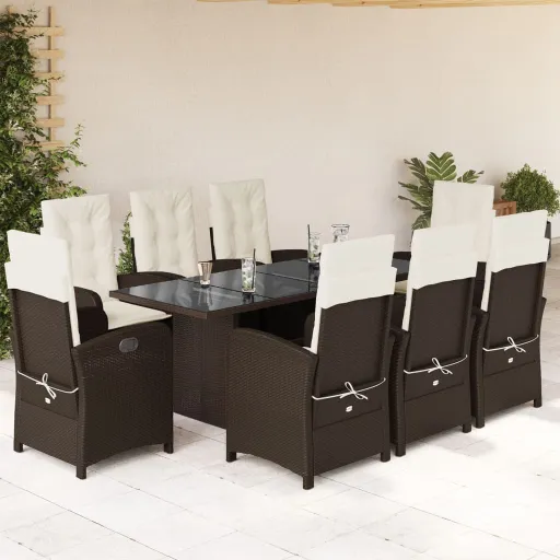 Conjunto Jantar p/ Jardim c/ Almofadões Vime PE Castanho (9 pcs)