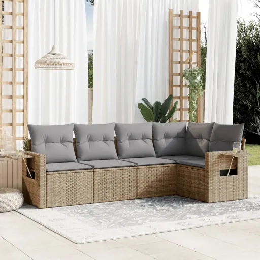 Conjunto de Sofás p/ Jardim com Almofadões Vime PE Bege (5 pcs)