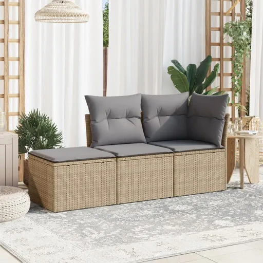 Conjunto de Sofás p/ Jardim com Almofadões Vime PE Bege (3 pcs)