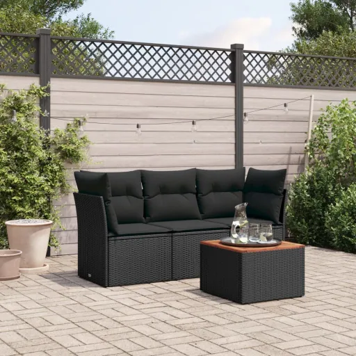 Conjunto de Sofás para Jardim c/ Almofadões Vime PE Preto (4 pcs)