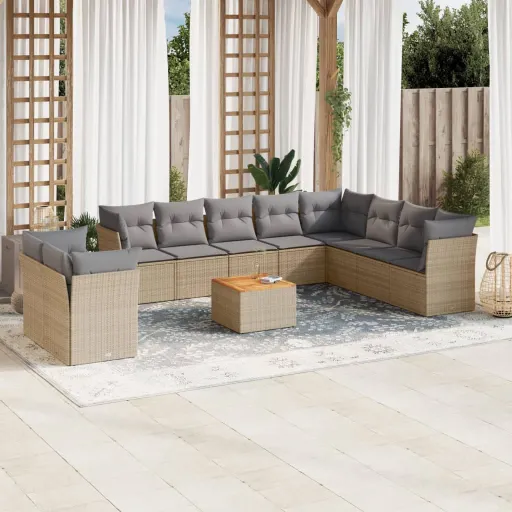 Conjunto Sofás de Jardim c/ Almofadões Vime PE Bege (11 pcs)