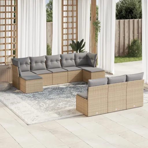 Conjunto de Sofás p/ Jardim com Almofadões Vime PE Bege (10 pcs)