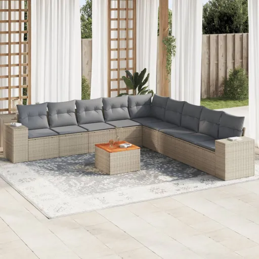 Conjunto de Sofás p/ Jardim com Almofadões Vime PE Bege (10 pcs)