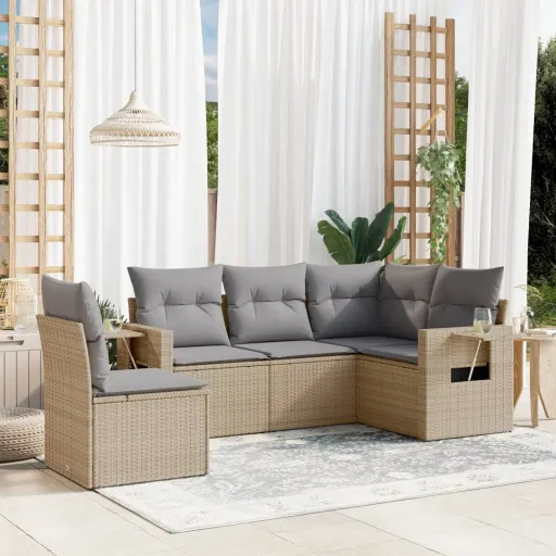 Conjunto de Sofás p/ Jardim com Almofadões Vime PE Bege (5 pcs)