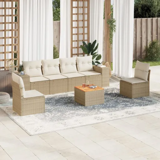 Conjunto de Sofás p/ Jardim com Almofadões Vime PE Bege (7 pcs)