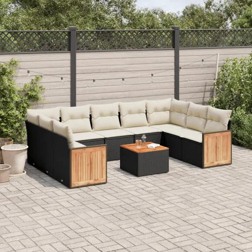 Conjunto Sofás de Jardim c/ Almofadões Vime PE Preto (10 pcs)