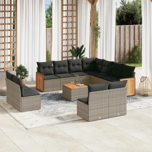 Conjunto de Sofás Jardim c/ Almofadões Vime PE Cinzento (12 pcs)