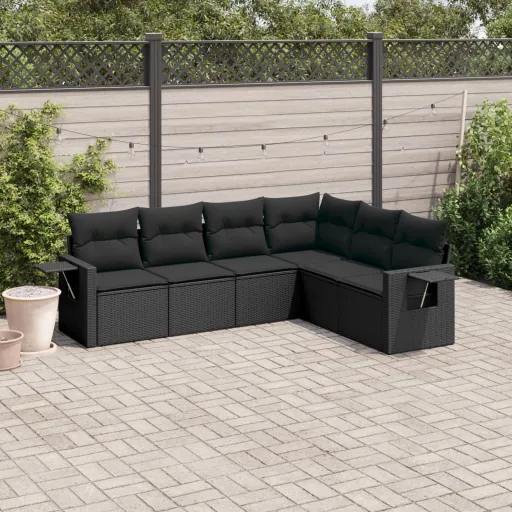 Conjunto Sofás de Jardim c/ Almofadões Vime PE Preto (6 pcs)