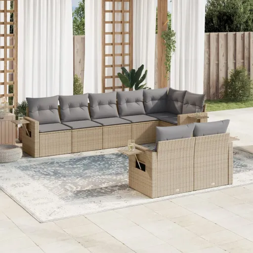 Conjunto de Sofás p/ Jardim com Almofadões Vime PE Bege (8 pcs)