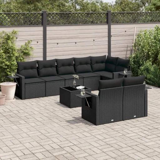 Conjunto de Sofás p/ Jardim c/ Almofadões Vime PE Preto (9 pcs)
