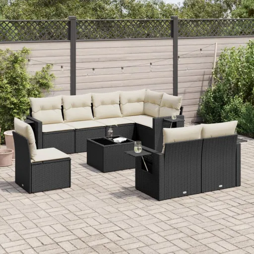 Conjunto de Sofás p/ Jardim c/ Almofadões Vime PE Preto (9 pcs)