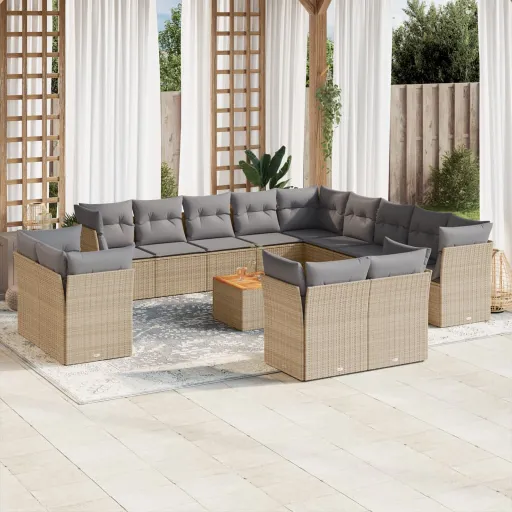 Conj. Sofás Jardim c/ Almofadões Vime PE Bege Misturado (14 pcs)