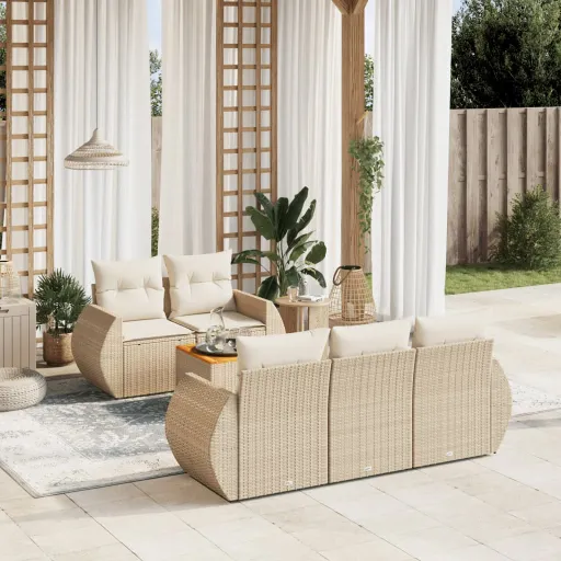 Conjunto de Sofás p/ Jardim com Almofadões Vime PE Bege (6 pcs)