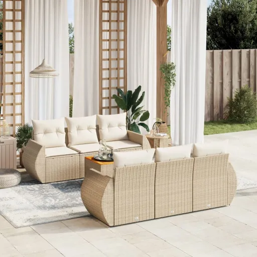 Conjunto de Sofás p/ Jardim com Almofadões Vime PE Bege (7 pcs)